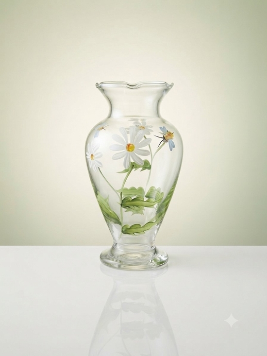 The Unbranded Brand Other - Hand-Painted Daisy Glass Vase - Clear with White & Green Floral Design
